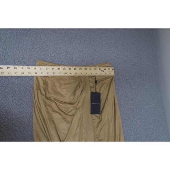Halston Draped faux‎ wrap Skirt Suede tan camel size 6 midi Sylvia $395 - Picture 7 of 8